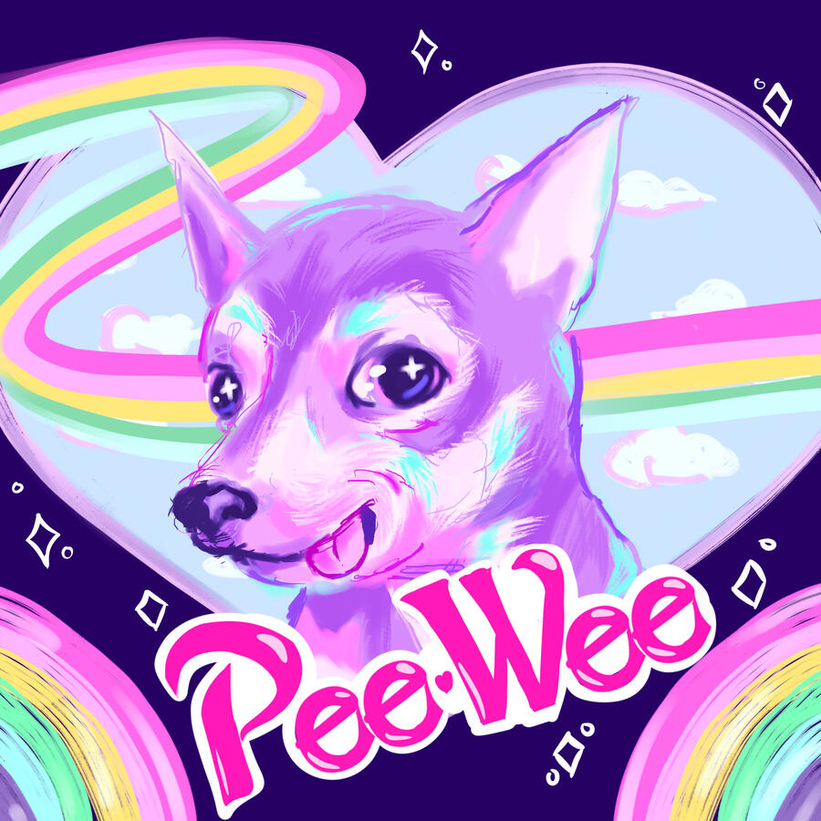 Pee-Wee. 2023. In remembrance of Pee-Wee the chihuahua in full Lisa Frank aesthetic to remind his family of how full of life and attitude he was!