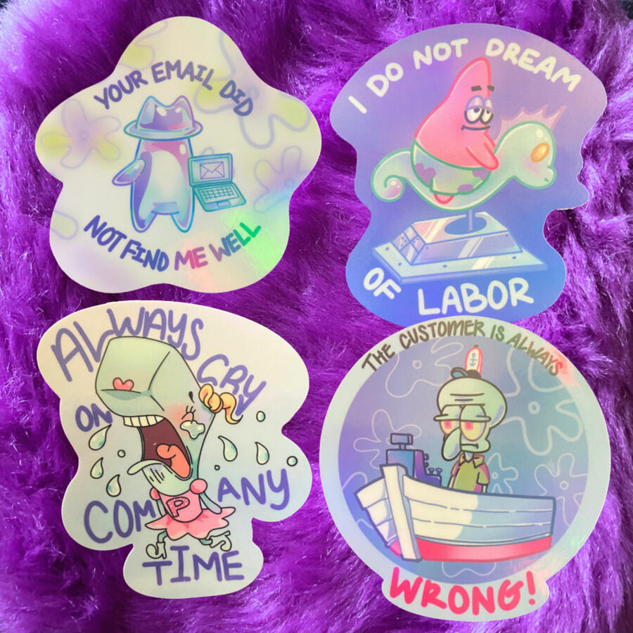 Burnout sticker collection. 2023. Various designs to speak towards the burnout that millennials experience.