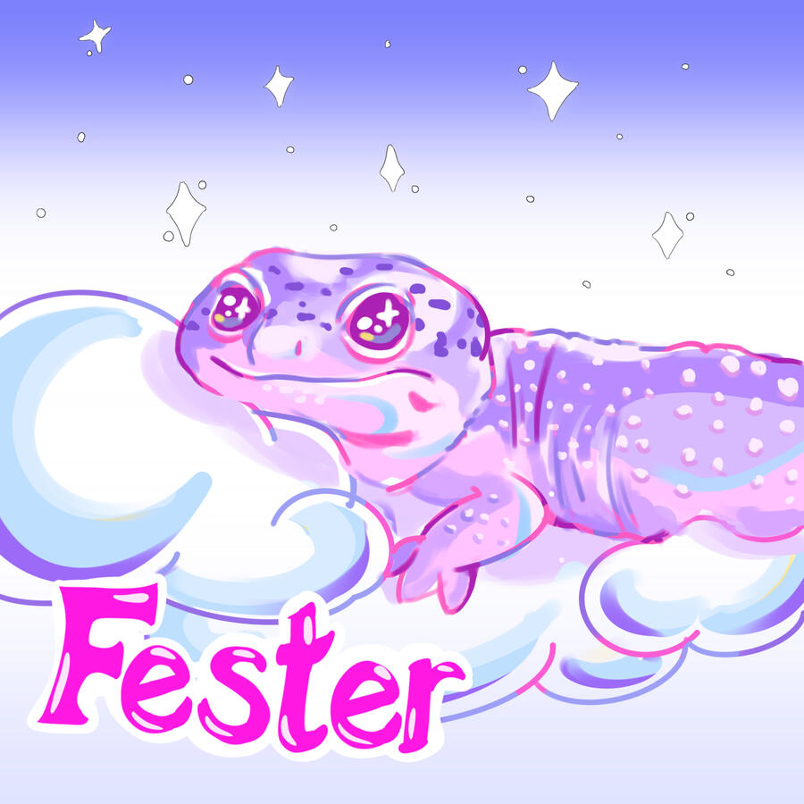 Fester. April 2023. A Barbie-style pet portrait to commemorate Fester resting in the heavens.